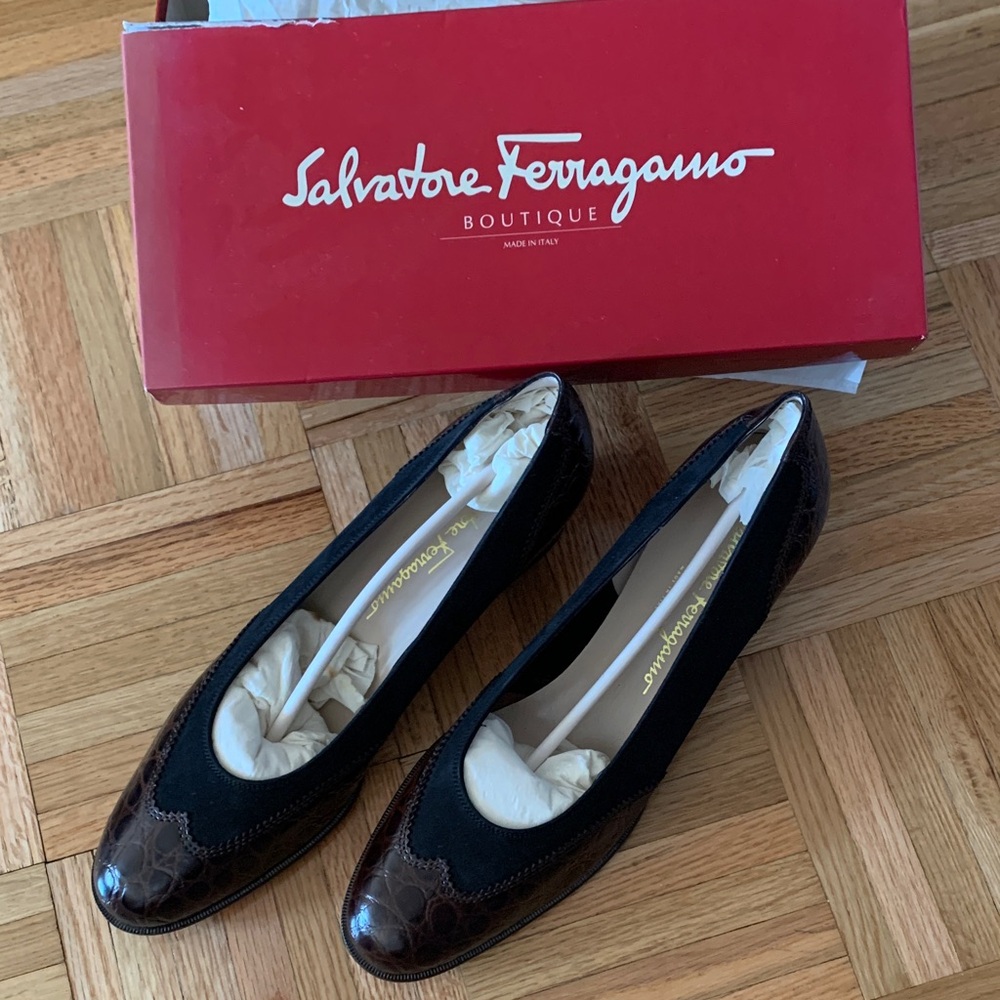 Salvatore Ferragamo NIB Crocodile Heeled Loafer - Black/ Brown - Women’s Sz 10